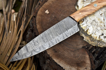 Forged Chef Knife B-Ring Damascus Olive Wood Camping Collectible