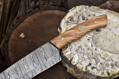 Forged Chef Knife B-Ring Damascus Olive Wood Camping Collectible