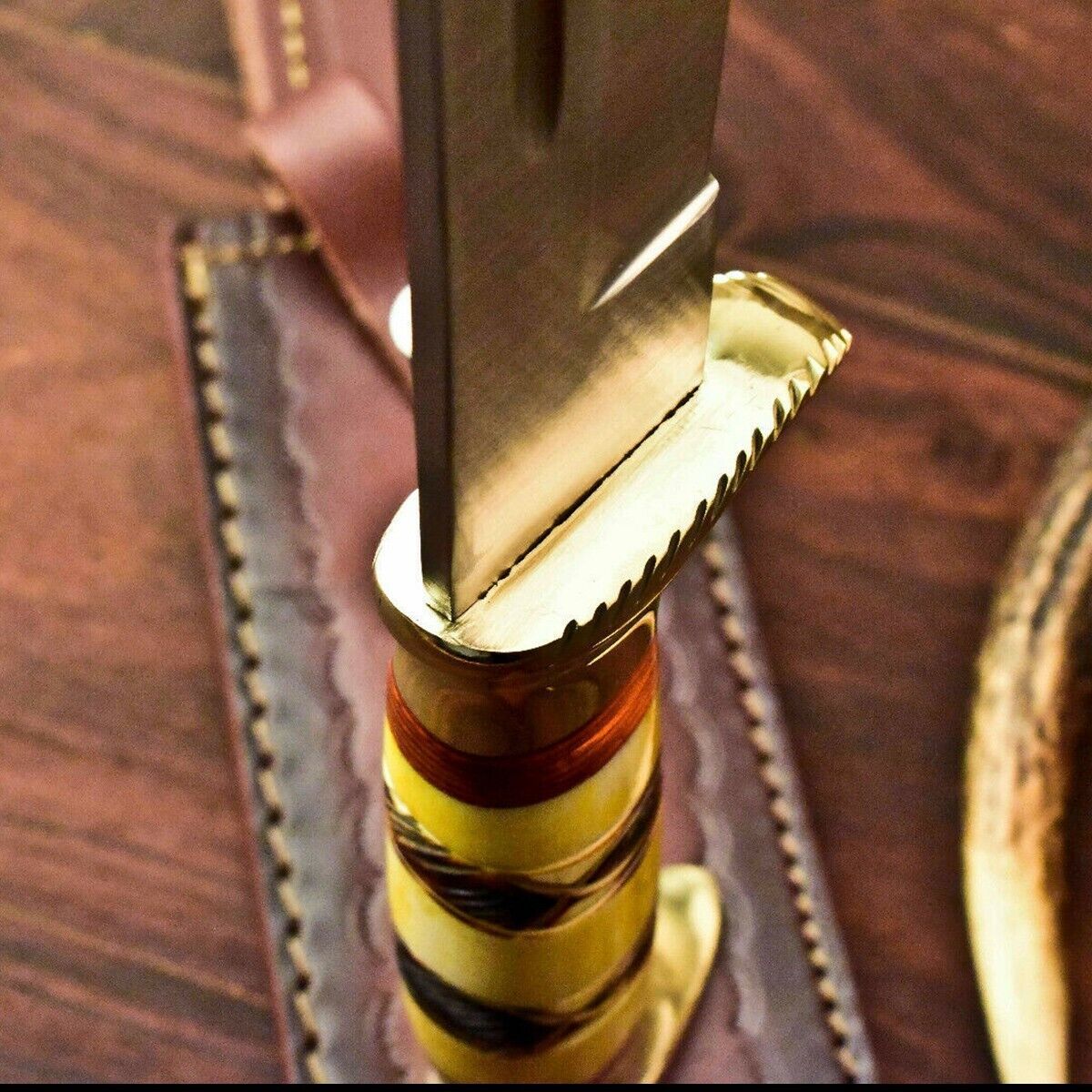 16.25" Custom Handmade D2 Steel Bowie Knife – Engraved Camel Bone Handle with Leather Sheath