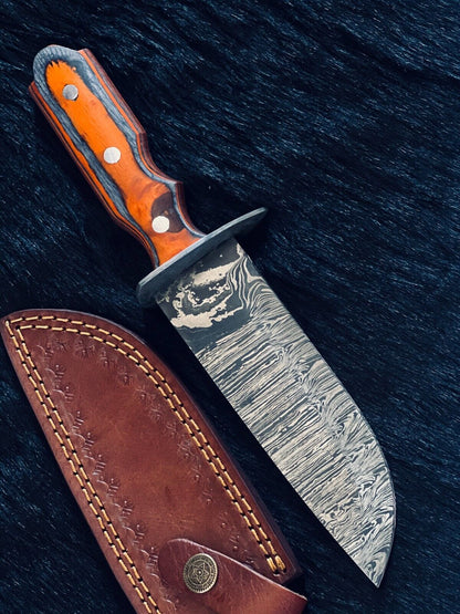Heritage Forge 11 Inch Fire Damascus Hunting Knife with Camel Bone and Wood Handle