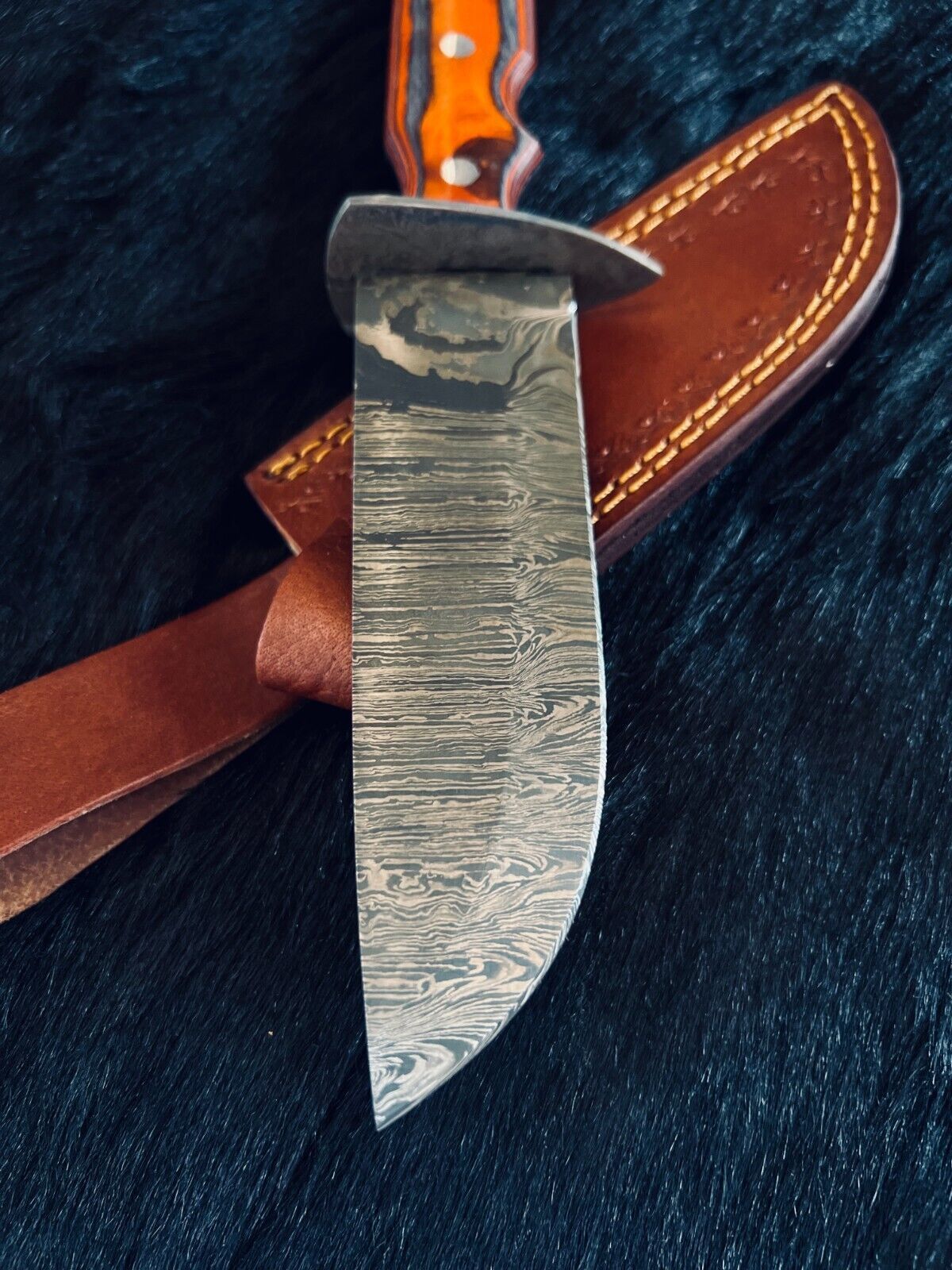 Heritage Forge 11 Inch Fire Damascus Hunting Knife with Camel Bone and Wood Handle