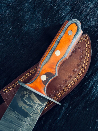 Heritage Forge 11 Inch Fire Damascus Hunting Knife with Camel Bone and Wood Handle