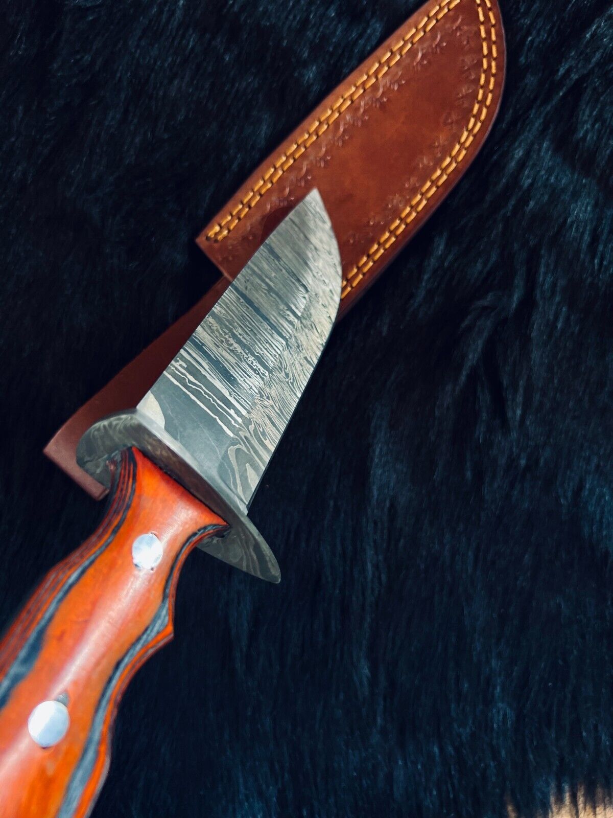 Heritage Forge 11 Inch Fire Damascus Hunting Knife with Camel Bone and Wood Handle