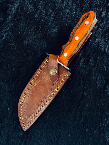 Heritage Forge 11 Inch Fire Damascus Hunting Knife with Camel Bone and Wood Handle