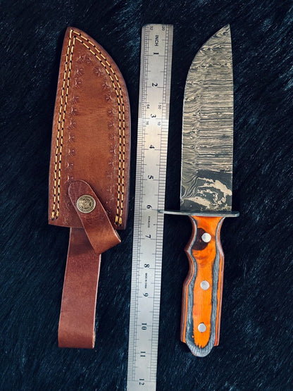 Heritage Forge 11 Inch Fire Damascus Hunting Knife with Camel Bone and Wood Handle