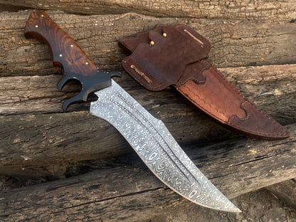 16" Hand Forged Damascus Steel Bowie Hunting Knife | Rosewood Handle + Leather Sheath
