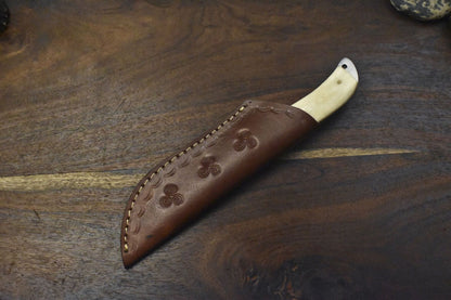 Edge Hand Forged 9 Inch Skinner Knife Twist Damascus Bone Handle w/ Gut Hook & Leather Sheath