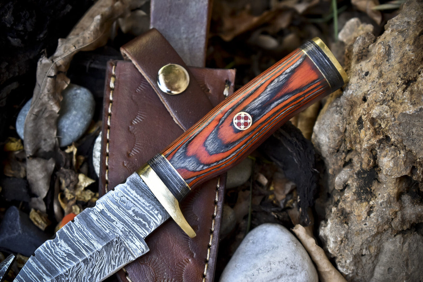 8.0 in Forged Skinner Knife w Gut Hook Twist Damascus Hard Wood Brass Guard Camping Knife