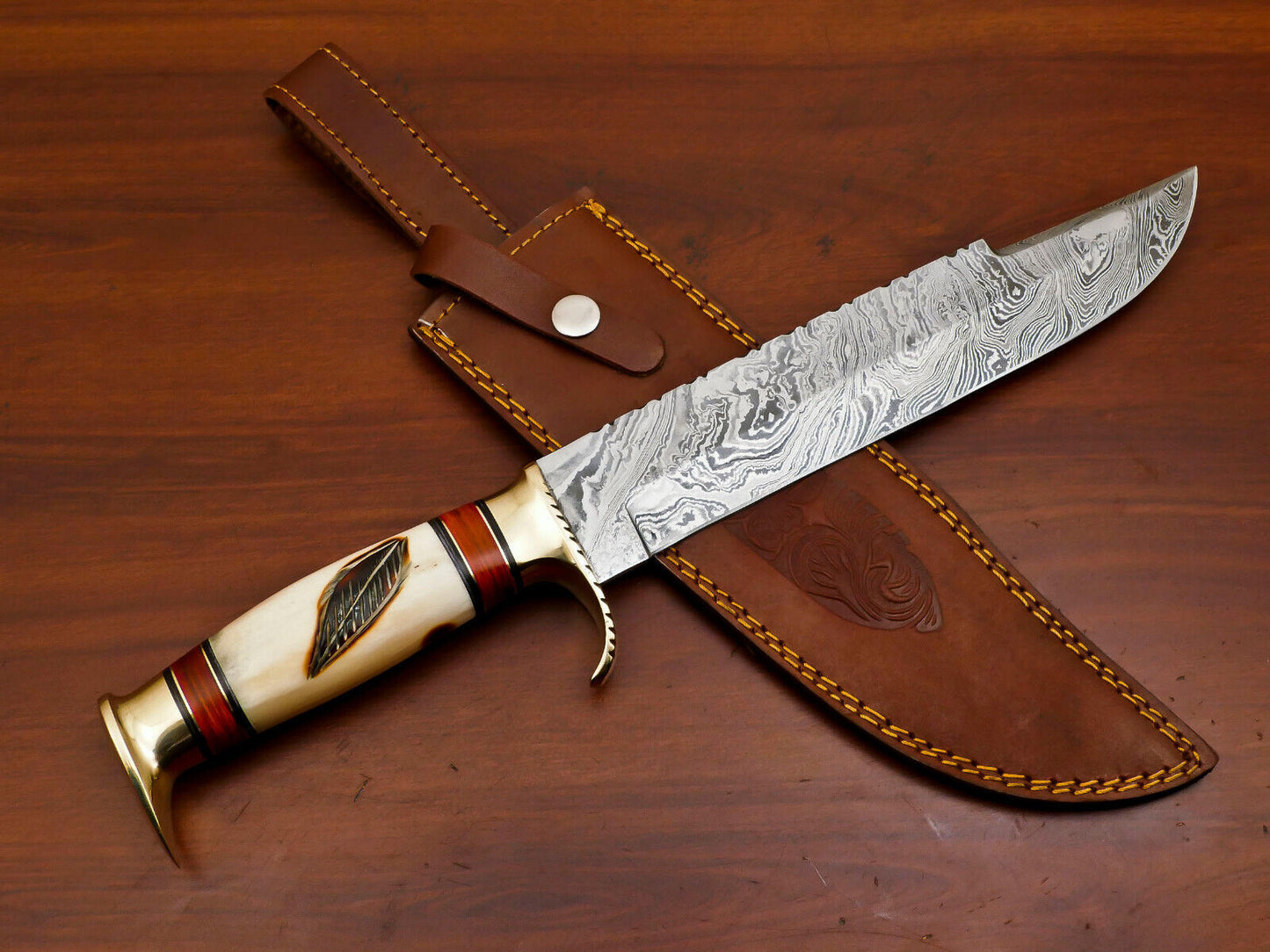 15" Handmade Damascus Bowie Knife | Burn-Engraved Camel Bone & Brass Guard
