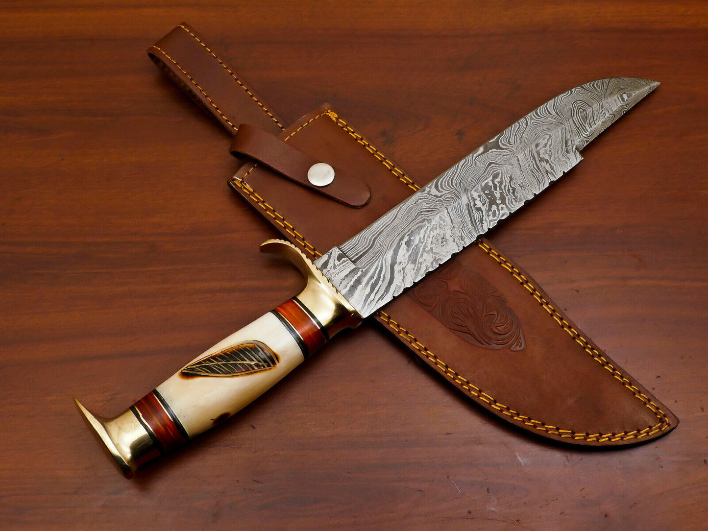 15" Handmade Damascus Bowie Knife | Burn-Engraved Camel Bone & Brass Guard