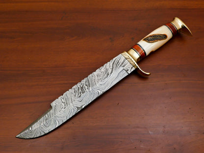 15" Handmade Damascus Bowie Knife | Burn-Engraved Camel Bone & Brass Guard