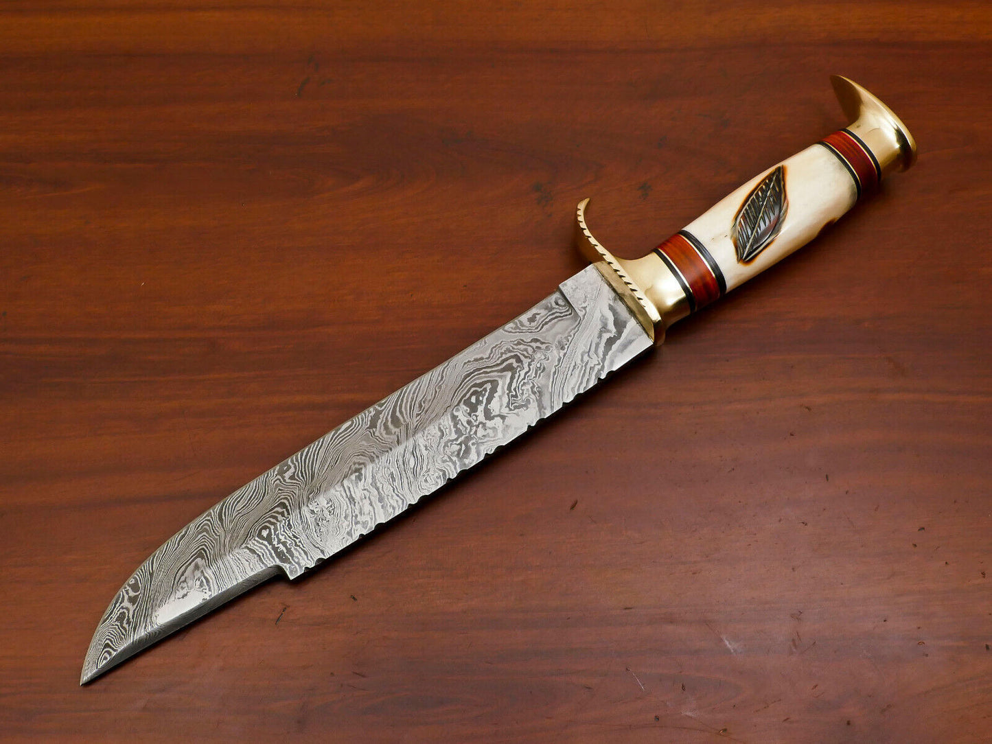 15" Handmade Damascus Bowie Knife | Burn-Engraved Camel Bone & Brass Guard