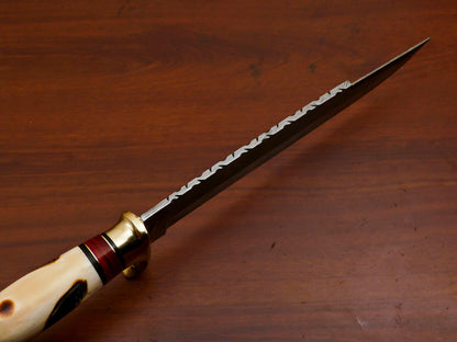 15" Handmade Damascus Bowie Knife | Burn-Engraved Camel Bone & Brass Guard