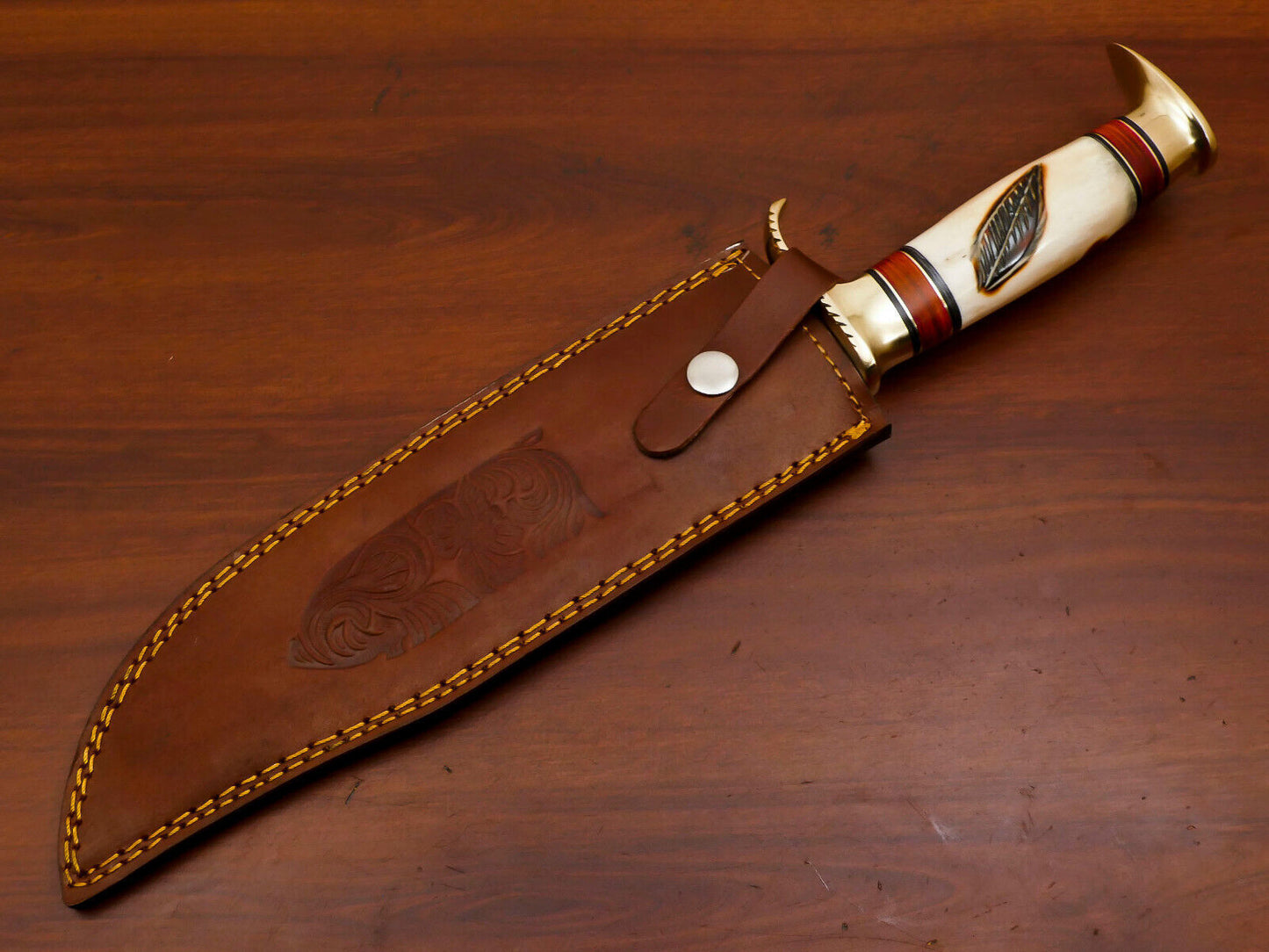 15" Handmade Damascus Bowie Knife | Burn-Engraved Camel Bone & Brass Guard