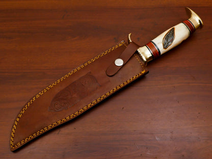 15" Handmade Damascus Bowie Knife | Burn-Engraved Camel Bone & Brass Guard
