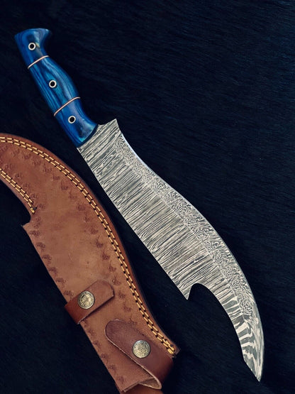 Heritage Forge 15.5 Inch Fire Damascus Steel Machete Knife with Camel Bone and Wood Handle
