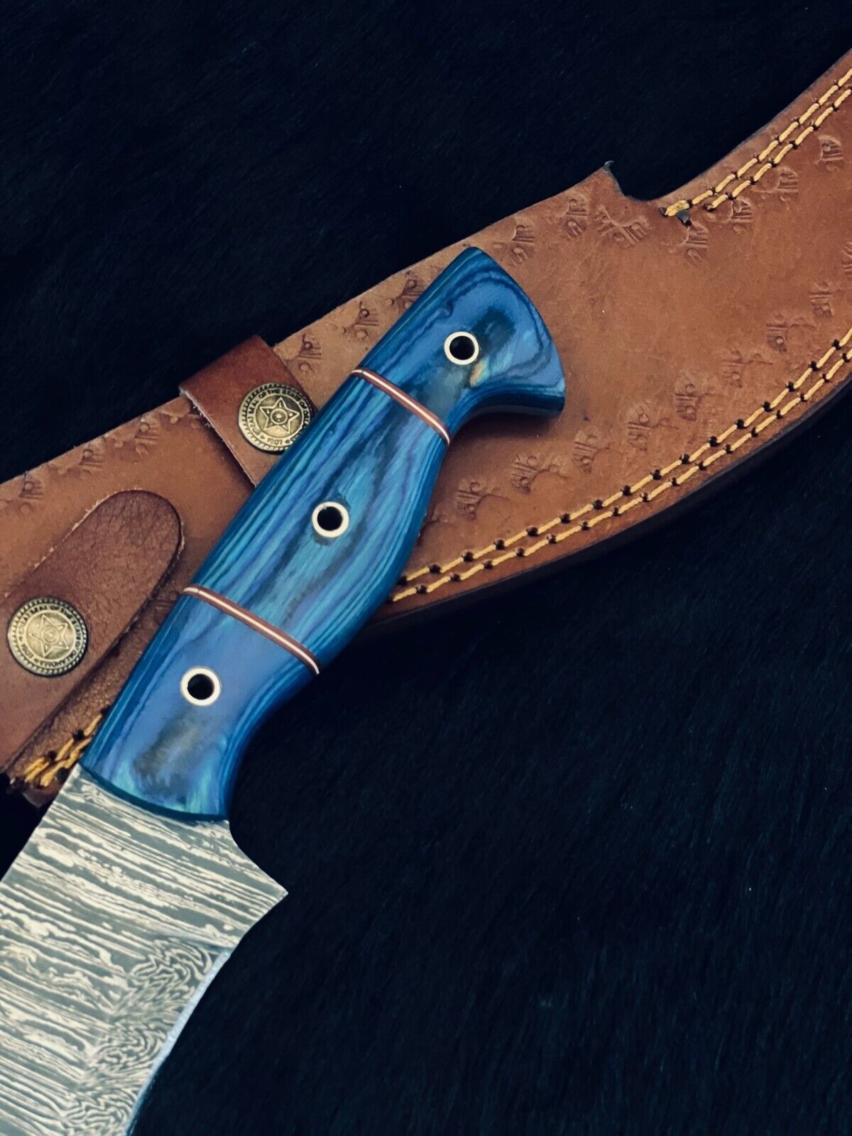 Heritage Forge 15.5 Inch Fire Damascus Steel Machete Knife with Camel Bone and Wood Handle
