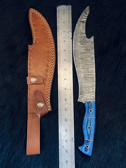 Heritage Forge 15.5 Inch Fire Damascus Steel Machete Knife with Camel Bone and Wood Handle