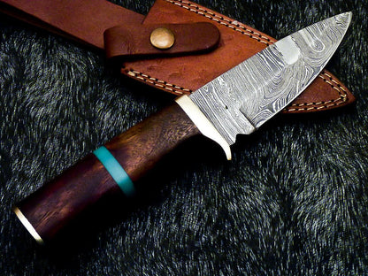 Mini 9 Inch Damascus Hunting Knife | Natural Wood Handle