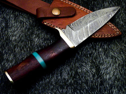 Mini 9 Inch Damascus Hunting Knife | Natural Wood Handle