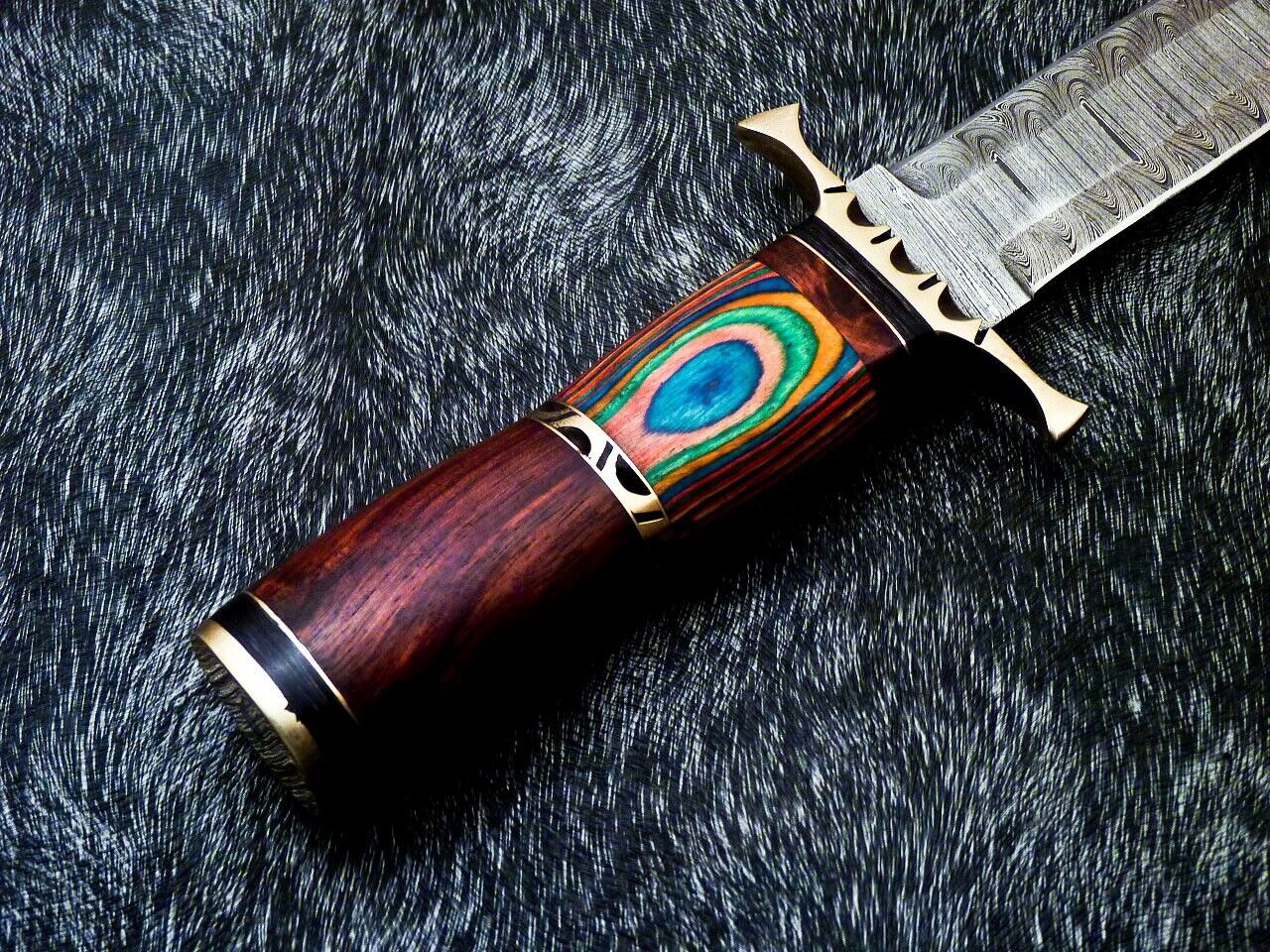 14" Handmade Damascus Bowie Dagger – Natural Wood Handle with Brass Guard & Leather Sheath