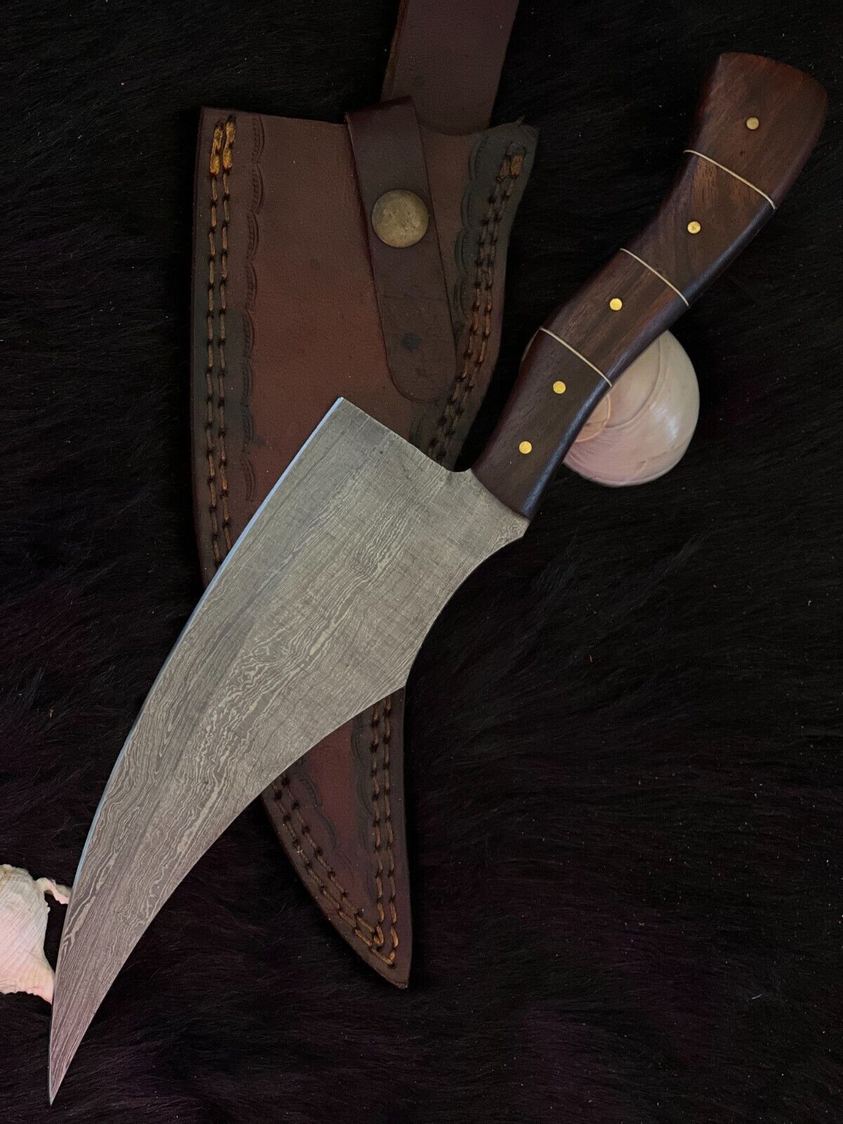 12.5" Twist Damascus Steel Bowie Knife – Handmade with Wood & Brass Handle