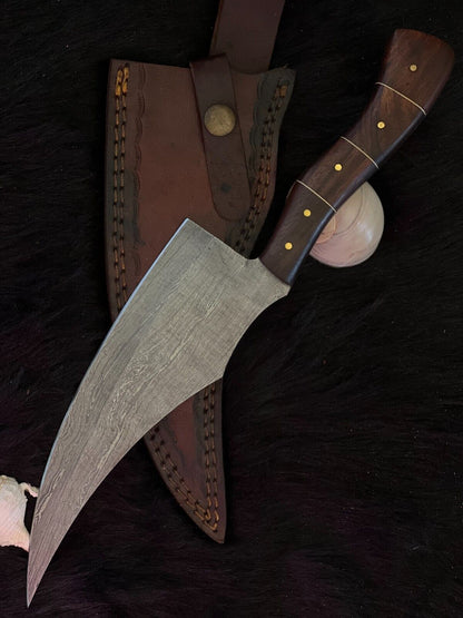 12.5" Twist Damascus Steel Bowie Knife – Handmade with Wood & Brass Handle