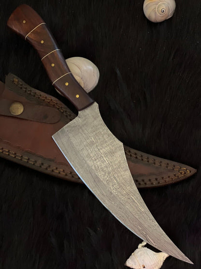 12.5" Twist Damascus Steel Bowie Knife – Handmade with Wood & Brass Handle