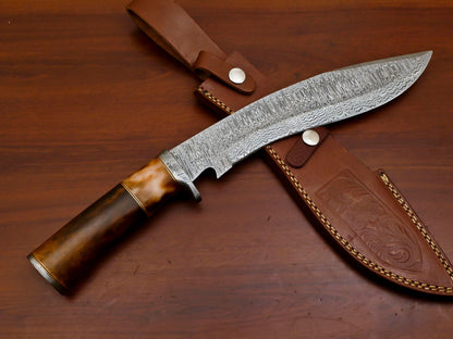 Heritage Forge 15" Damascus Bowie Knife with Stained Camel Bone Handle and Forged Guard