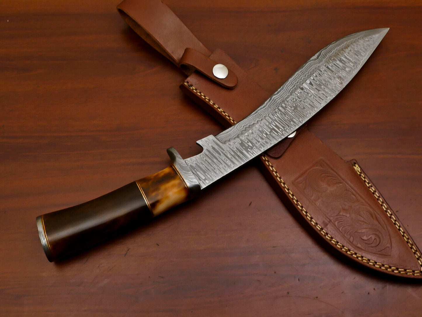 Heritage Forge 15" Damascus Bowie Knife with Stained Camel Bone Handle and Forged Guard