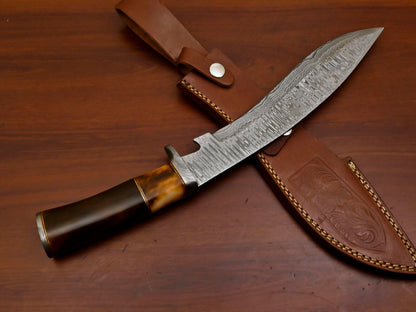 Heritage Forge 15" Damascus Bowie Knife with Stained Camel Bone Handle and Forged Guard