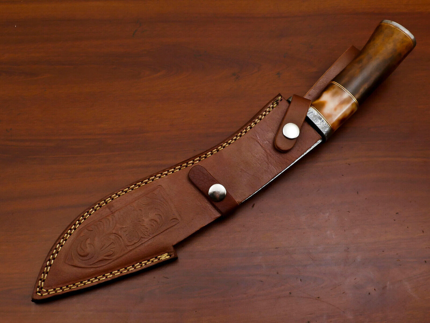 Heritage Forge 15" Damascus Bowie Knife with Stained Camel Bone Handle and Forged Guard