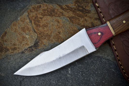 10" Custom AUS-8 Steel Skinner Knife – Walnut Wood Handle, Wooden Bolster, Leather Sheath for Hiking