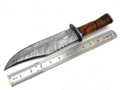 14" Handmade Damascus Bowie Knife with Walnut Wood Handle & Leather Sheath