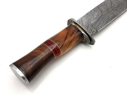 14" Handmade Damascus Bowie Knife with Walnut Wood Handle & Leather Sheath