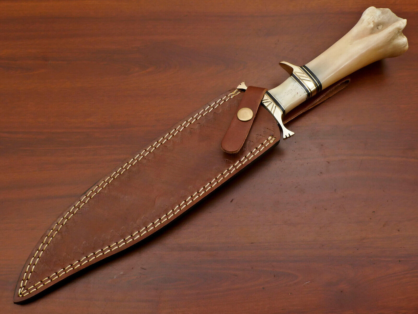 16" Custom Damascus Steel Sub-Hilt Bowie Knife – Camel Bone & Brass Guard