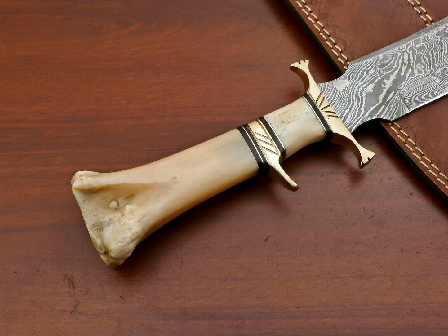 16" Custom Damascus Steel Sub-Hilt Bowie Knife – Camel Bone & Brass Guard