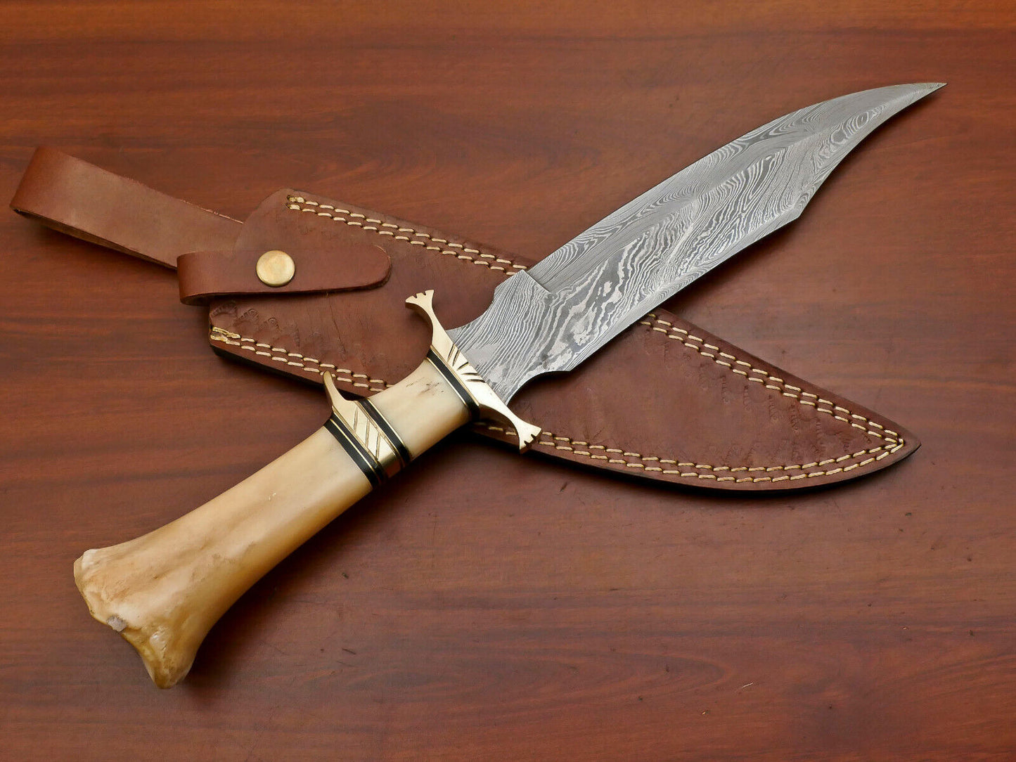 16" Custom Damascus Steel Sub-Hilt Bowie Knife – Camel Bone & Brass Guard