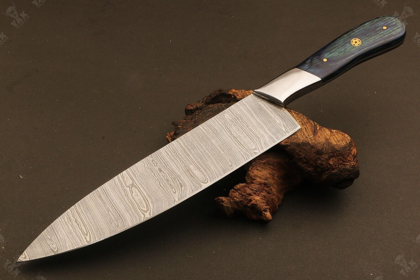 13.5" Hand Forged Ladder Damascus Steel Santoku Chef Knife – Camel Bone & Wood Handle
