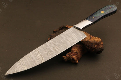 13.5" Hand Forged Ladder Damascus Steel Santoku Chef Knife – Camel Bone & Wood Handle