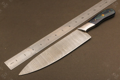 13.5" Hand Forged Ladder Damascus Steel Santoku Chef Knife – Camel Bone & Wood Handle