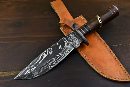 12.6" Handmade Damascus Bowie Knife with Walnut Wood Handle