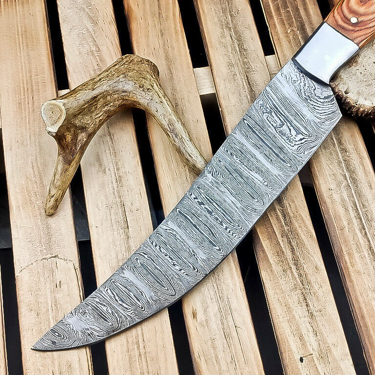 Custom Handmade Damascus Steel Chef Knife – 13" Fixed Blade with Natural Wood Handle