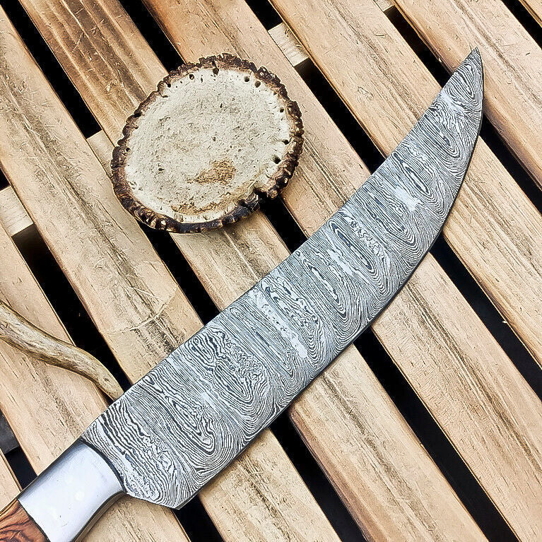 Custom Handmade Damascus Steel Chef Knife – 13" Fixed Blade with Natural Wood Handle