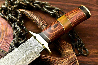 13.5" Handmade Damascus Bowie Hunting Knife | Walnut Wood Handle