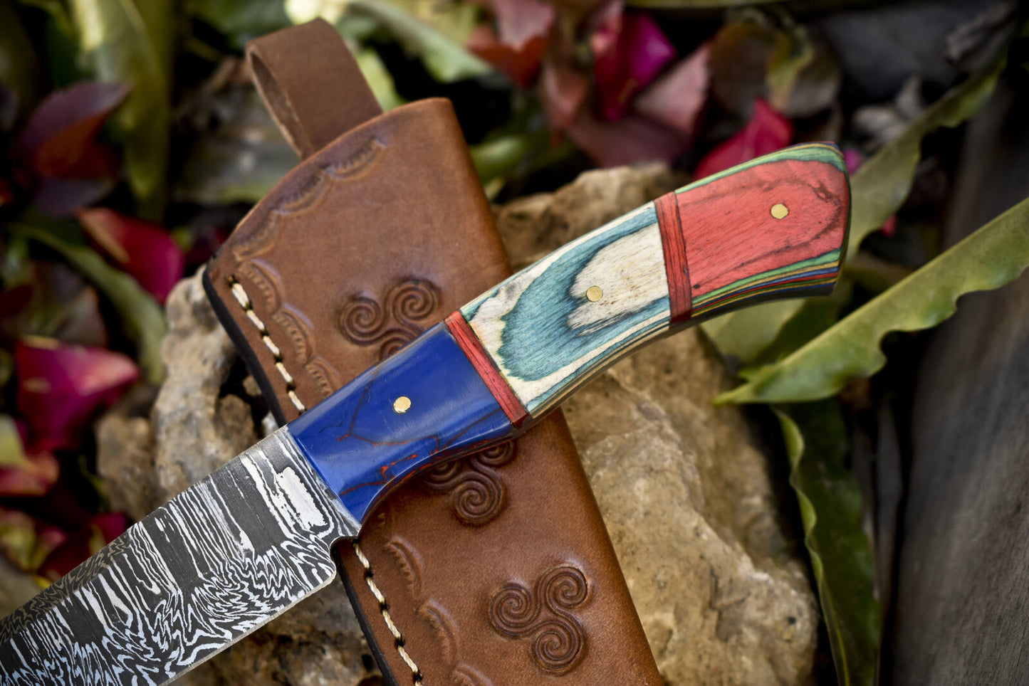 8.0" Twist Damascus Skinner Knife Hardwood Handle Micarta Bolster Survival Knife