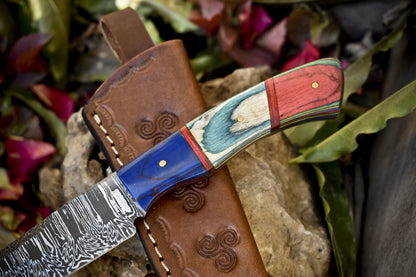 8.0" Twist Damascus Skinner Knife Hardwood Handle Micarta Bolster Survival Knife