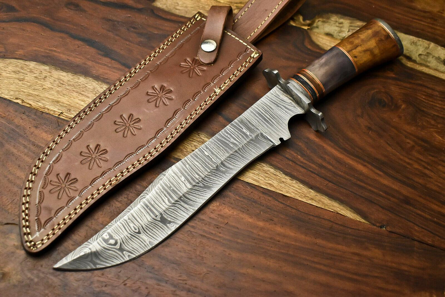 15" Damascus Steel Bowie Knife – Camel Bone Handle, Hunting Fixed Blade