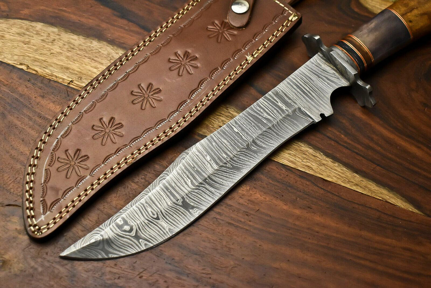 15" Damascus Steel Bowie Knife – Camel Bone Handle, Hunting Fixed Blade