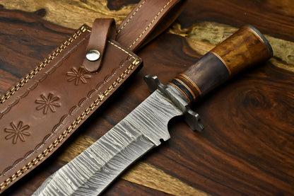 15" Damascus Steel Bowie Knife – Camel Bone Handle, Hunting Fixed Blade